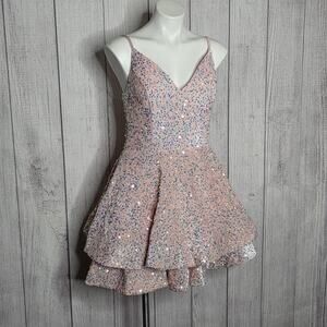 Pink Velvet Sequin Layered Skater Mini Dress Spaghetti Strap Party, sz 10